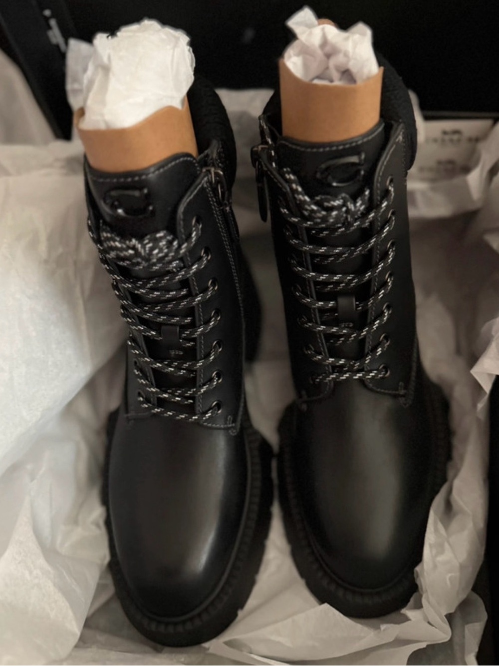 Coach Black Lace-Up Women's Ankle Boots with Contrast Collar